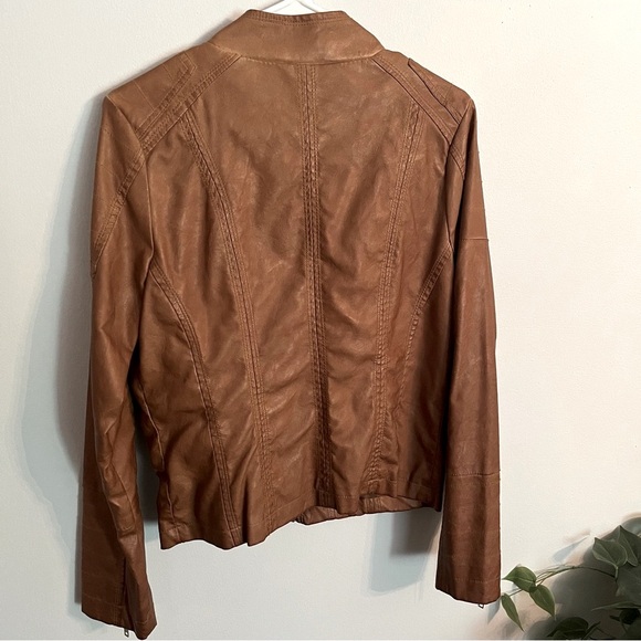 Brown Vegan Leather Moto Jacket with Stand-Up Collar - Picture 2 of 6